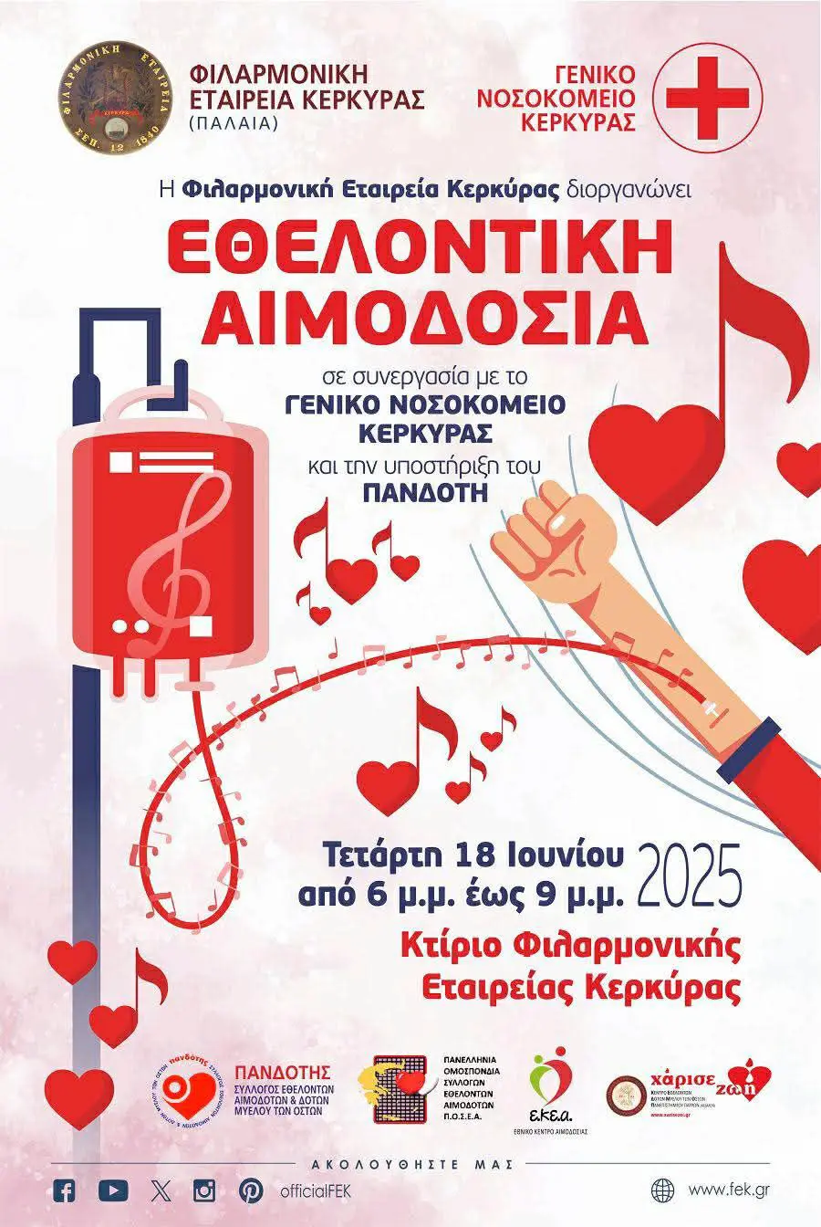 Αφίσα της εθελοντικής αιμοδοσίας στη Φιλαρμονική Εταιρεία Κέρκυρας στις 18 Ιουνίου 2025