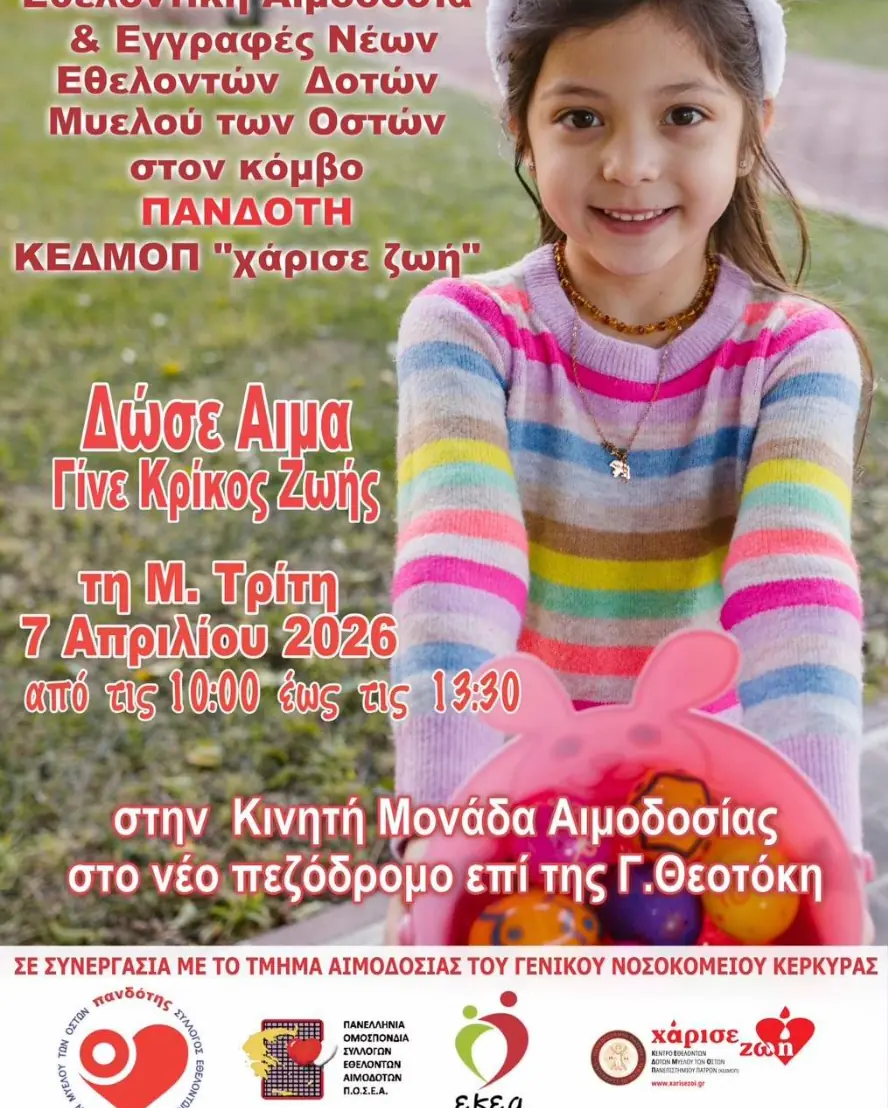 Αφίσα της πασχαλινής εθελοντικής αιμοδοσίας στον πεζόδρομο Γεωργίου Θεοτόκη στις 7 Απριλίου 2026