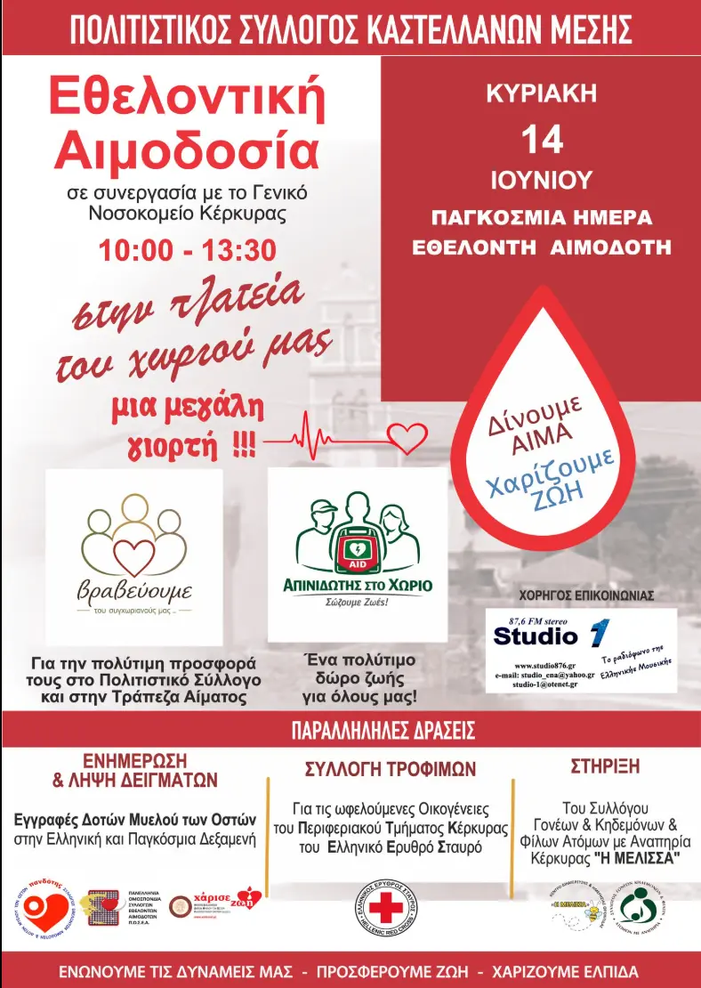Αφίσα της δράσης για την Παγκόσμια Ημέρα Εθελοντή Αιμοδότη στους Καστελλάνους Μέσης στις 14 Ιουνίου 2026