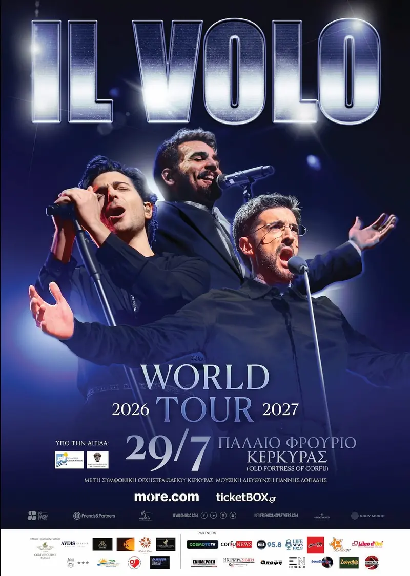 Αφίσα της συναυλίας IL VOLO – World Tour 2026/2027 στο Παλαιό Φρούριο Κέρκυρας στις 29 Ιουλίου 2026